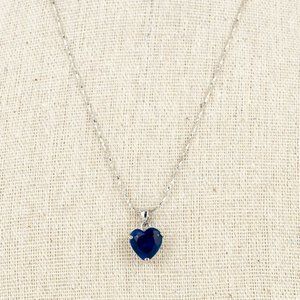 Blue Faceted Heart Pendant Necklace Faux Imitation Sapphire Silver Tone Amulet